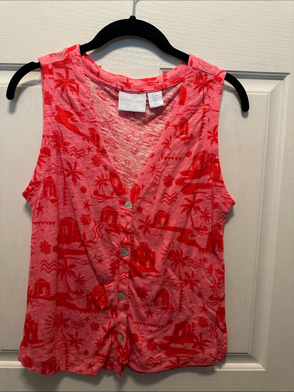 Cynthia Rowley Linen Blend Pink and Red Sleeveless Button-Front Tank Size M